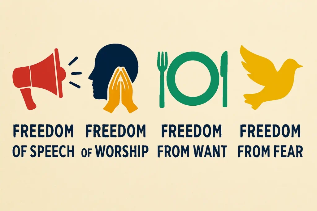 The five freedoms of the First Amendment explained with icons