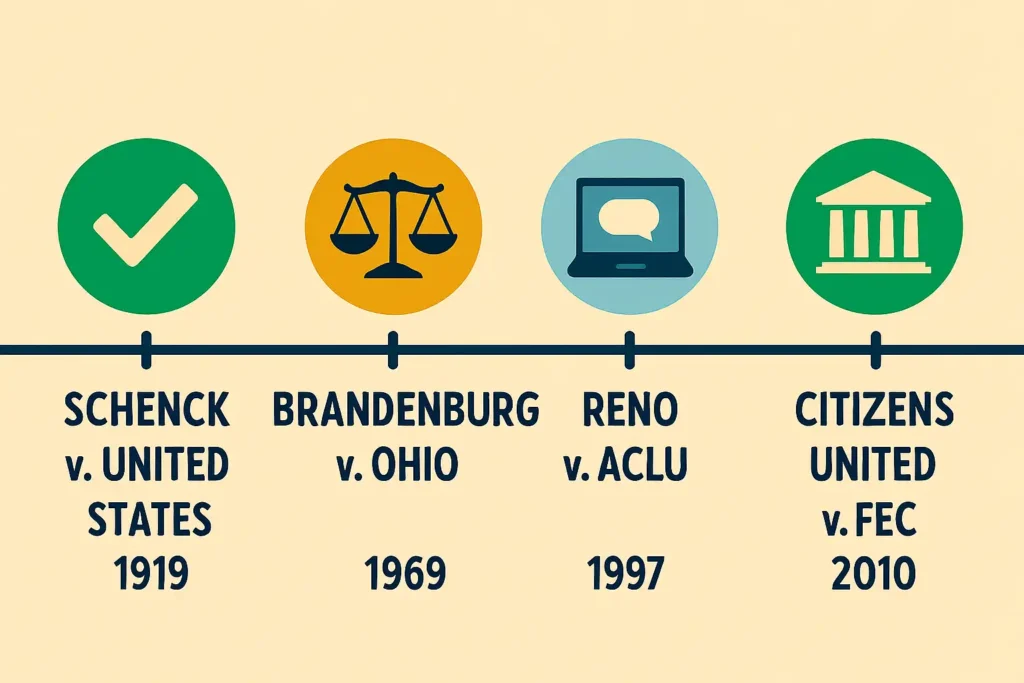 Timeline of landmark Supreme Court cases shaping the First Amendment from 1919 to 2010